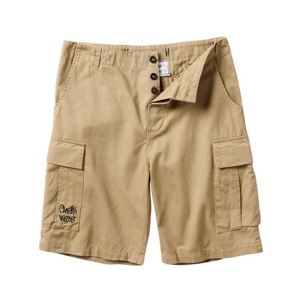 Front of khaki cargo shorts. 